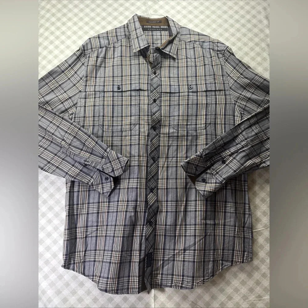 VINTAGE Sean John Mens Blue Plaid Button Down Casual Dress Long Sleeve Shirt 3XL